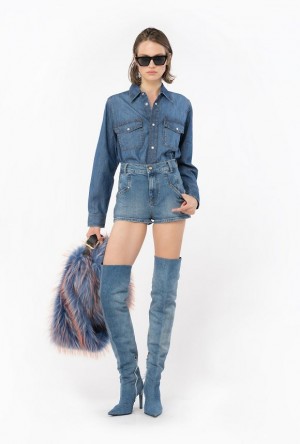 Pinko Denim Shorts With Topstitching Tmavě Blankyt Světle Modré | SN-PKO33720