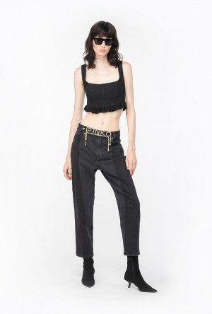 Pinko Mom-fit Black Denim Jeans With Rhinestone Logo Šedé Černé | SN-PKO34021