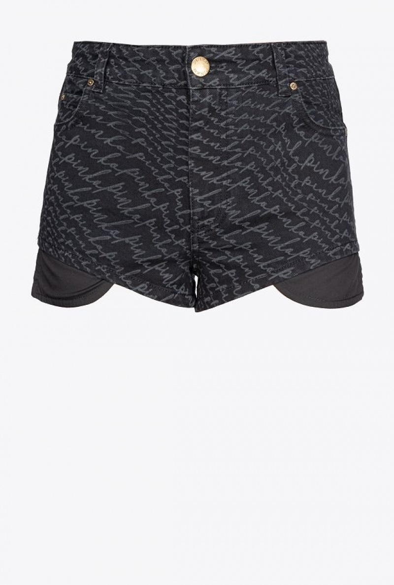 Pinko Black Denim Shorts With Fluid Logo Černé | SN-PKO33718