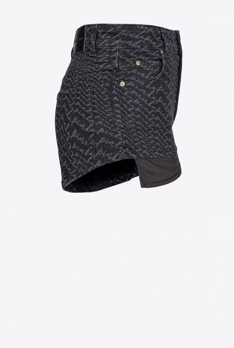 Pinko Black Denim Shorts With Fluid Logo Černé | SN-PKO33718