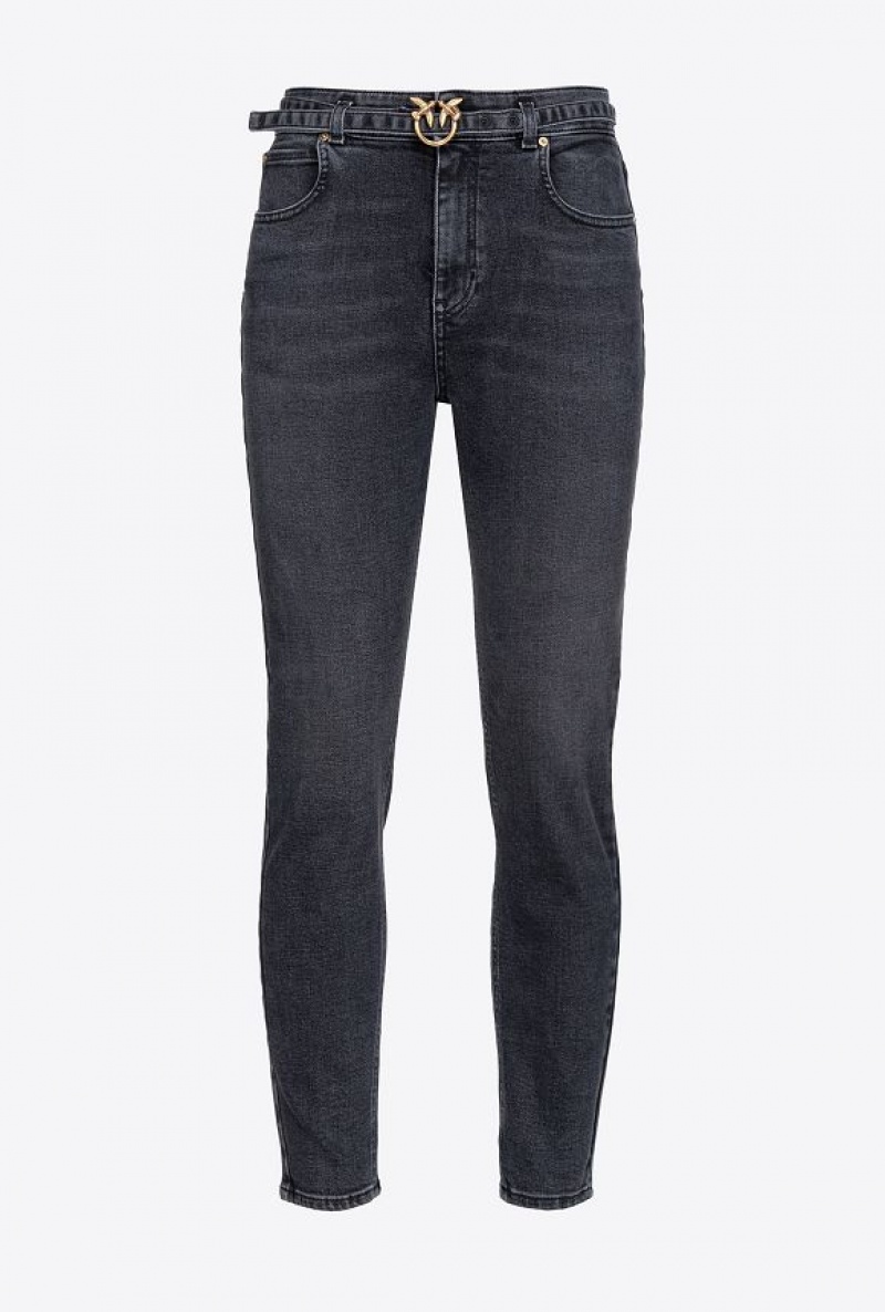 Pinko Black Stretch Denim Hubená Jeans With Belt Černé Blankyt Světle Modré | SN-PKO34008