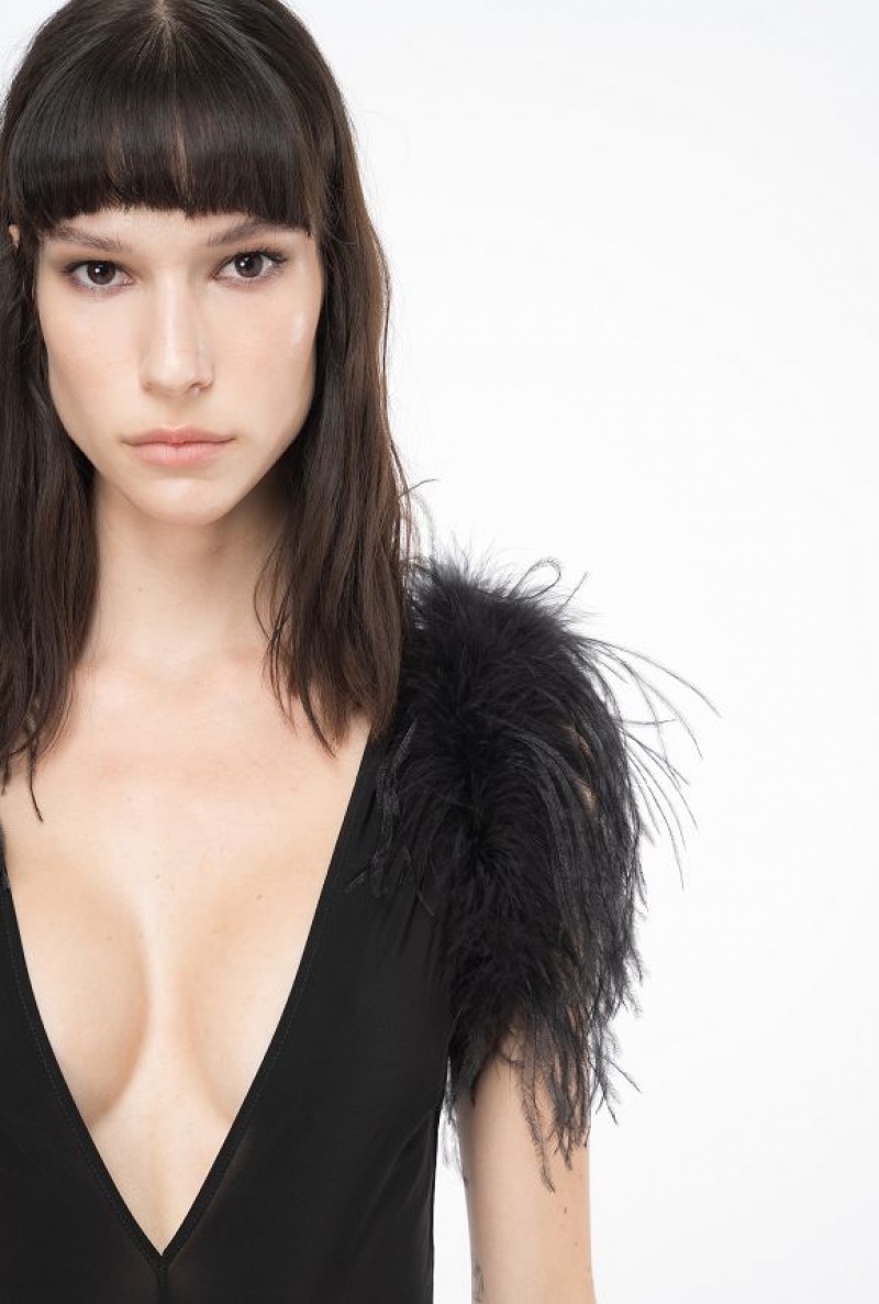 Pinko Bodysuit With Feathers Černé | SN-PKO33217