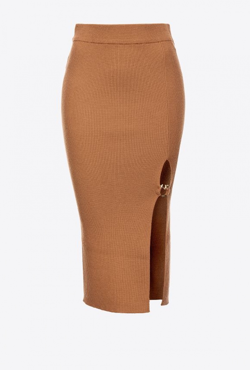 Pinko Calf-length Vlna Skirt With Love Birds Přezkou Hnědé | SN-PKO34071