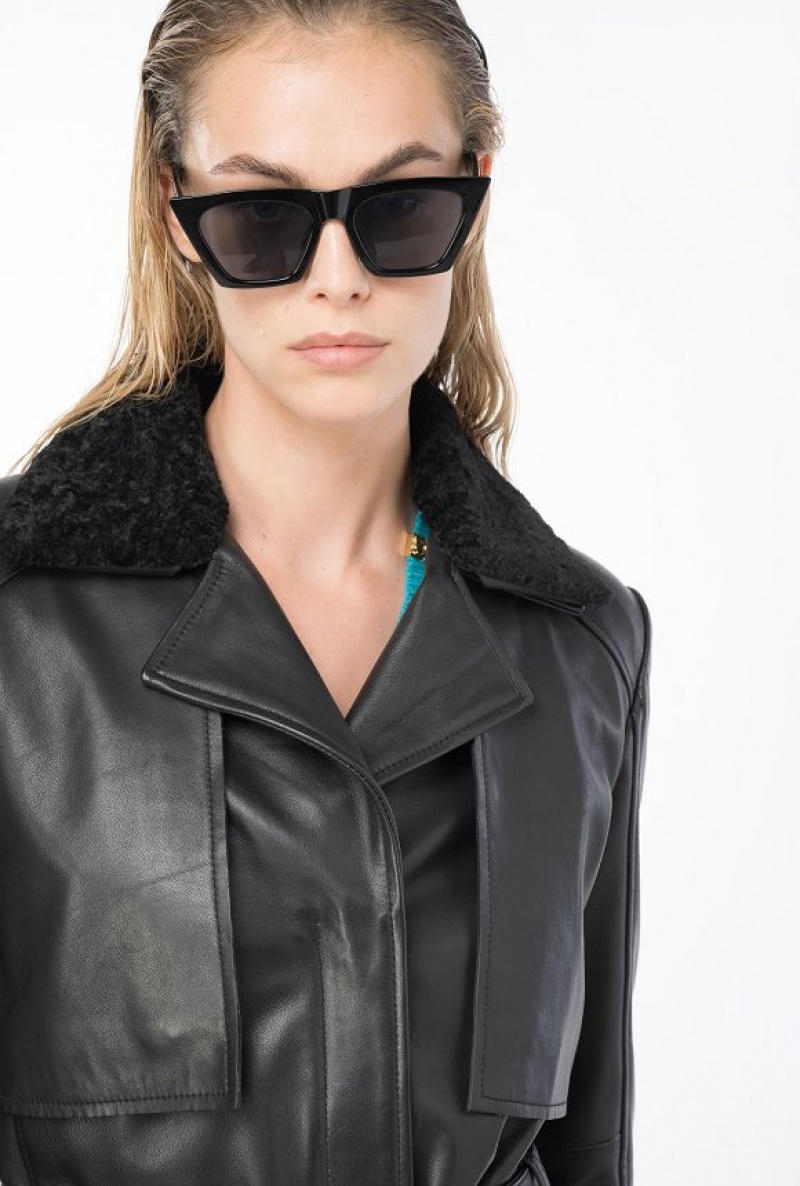 Pinko Cyklistické Jacket With Faux Sheepskin Collar Černé | SN-PKO33597