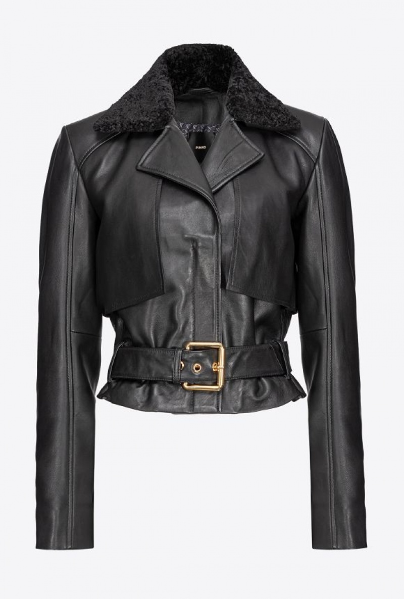 Pinko Cyklistické Jacket With Faux Sheepskin Collar Černé | SN-PKO33597