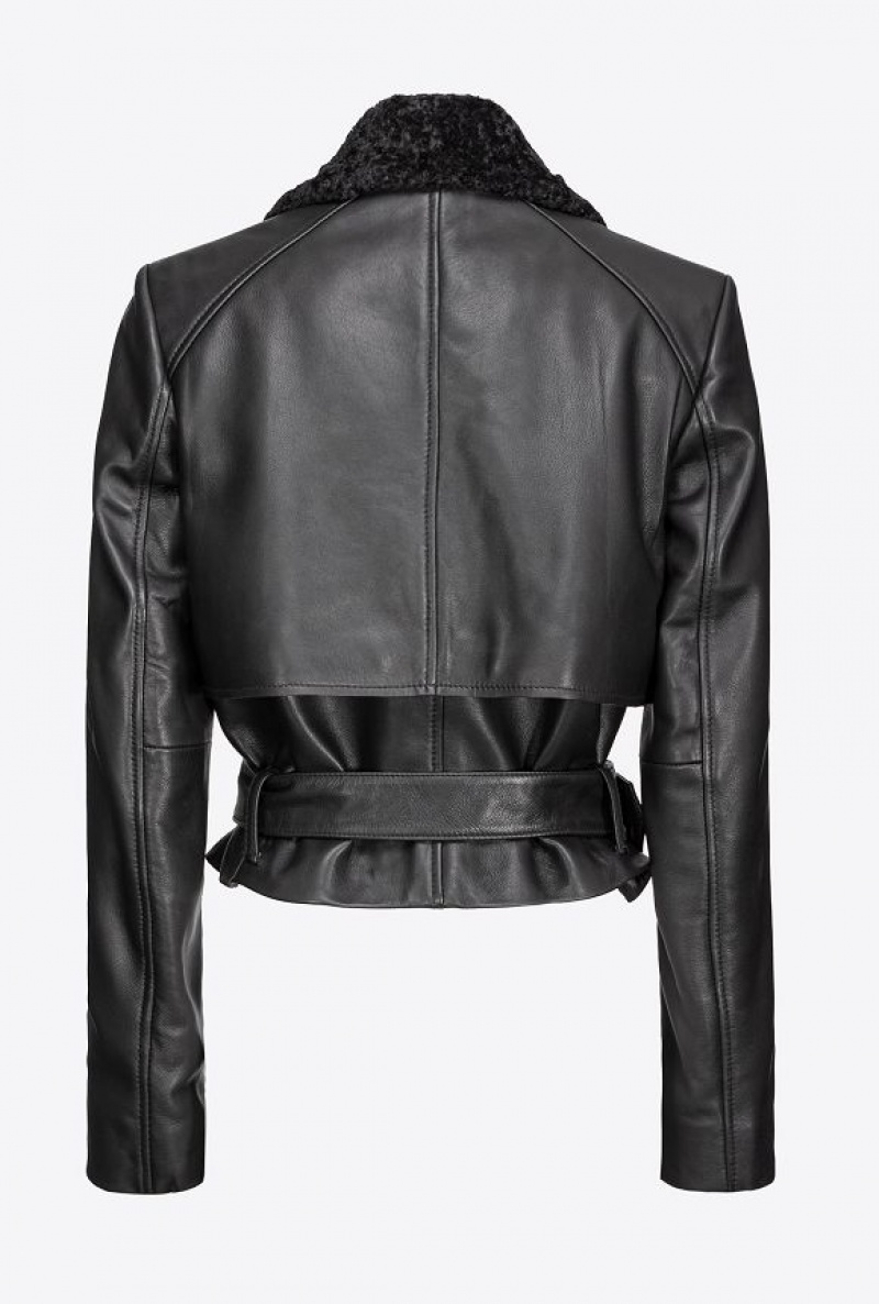 Pinko Cyklistické Jacket With Faux Sheepskin Collar Černé | SN-PKO33597