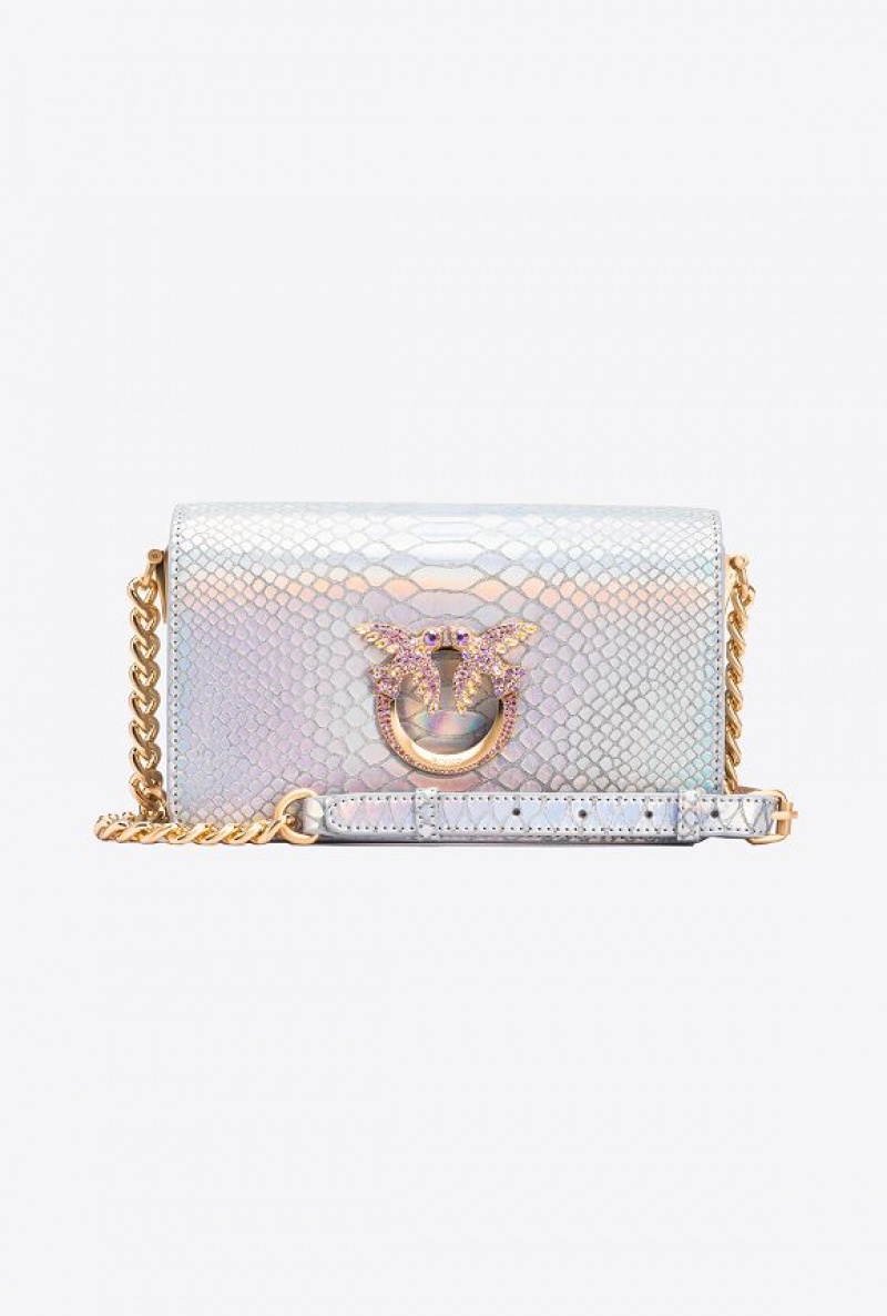 Pinko Galleria Mini Love Bag Click In Holographic Silver Reptile Skin Stříbrné Zlaté | SN-PKO32655