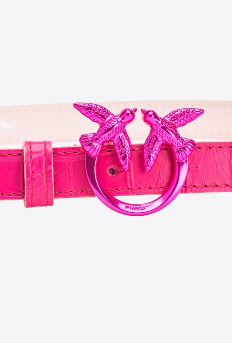 Pinko Galleria Thin Matte Crocodile Læder Belt With Love Birds 2cm Růžové | SN-PKO34175