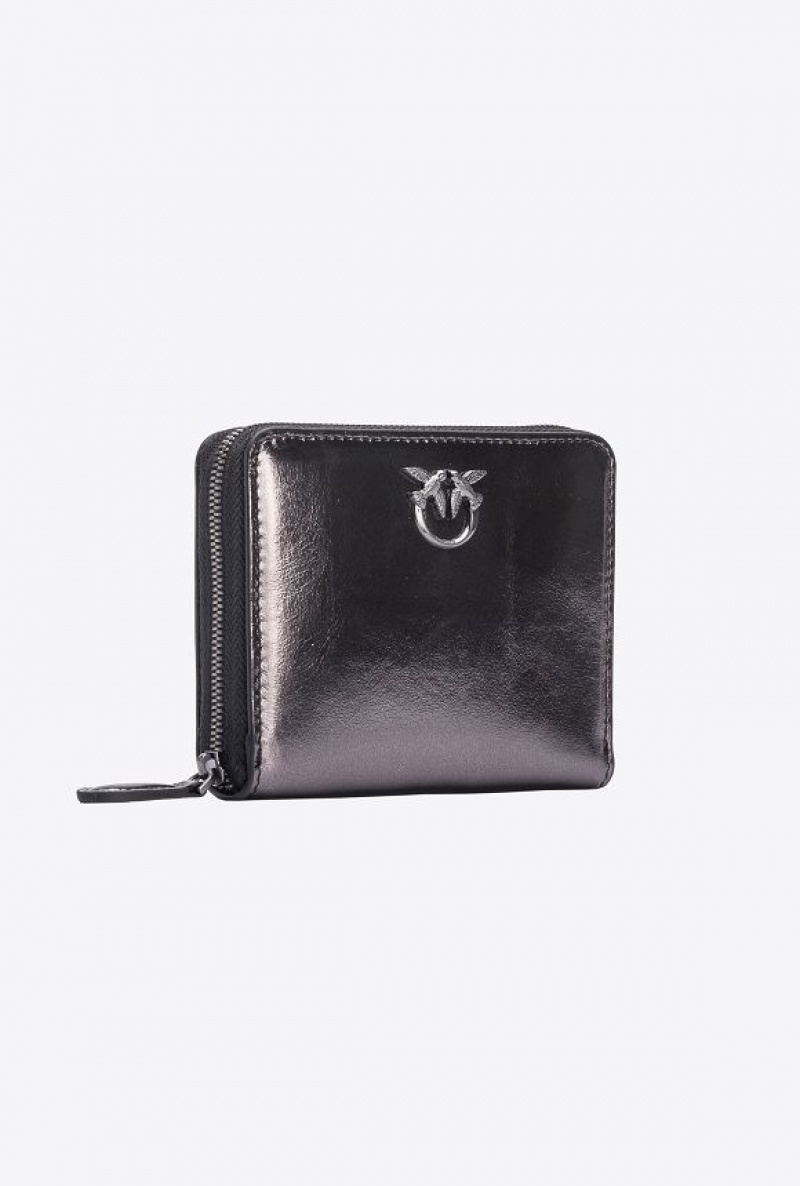 Pinko Galleria Zip-around Wallet In Laminated Læder Šedé | SN-PKO34265