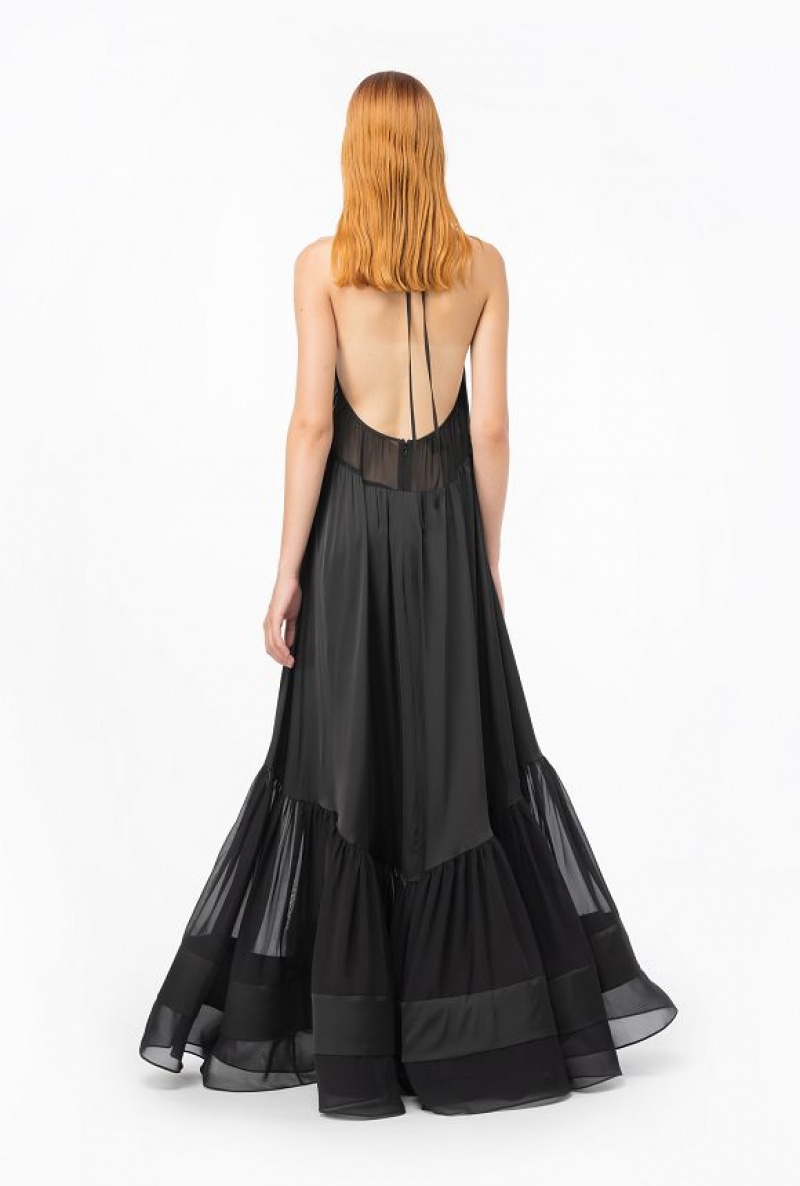 Pinko Long Satin Šaty With Rhinestone Logo Černé | SN-PKO33047