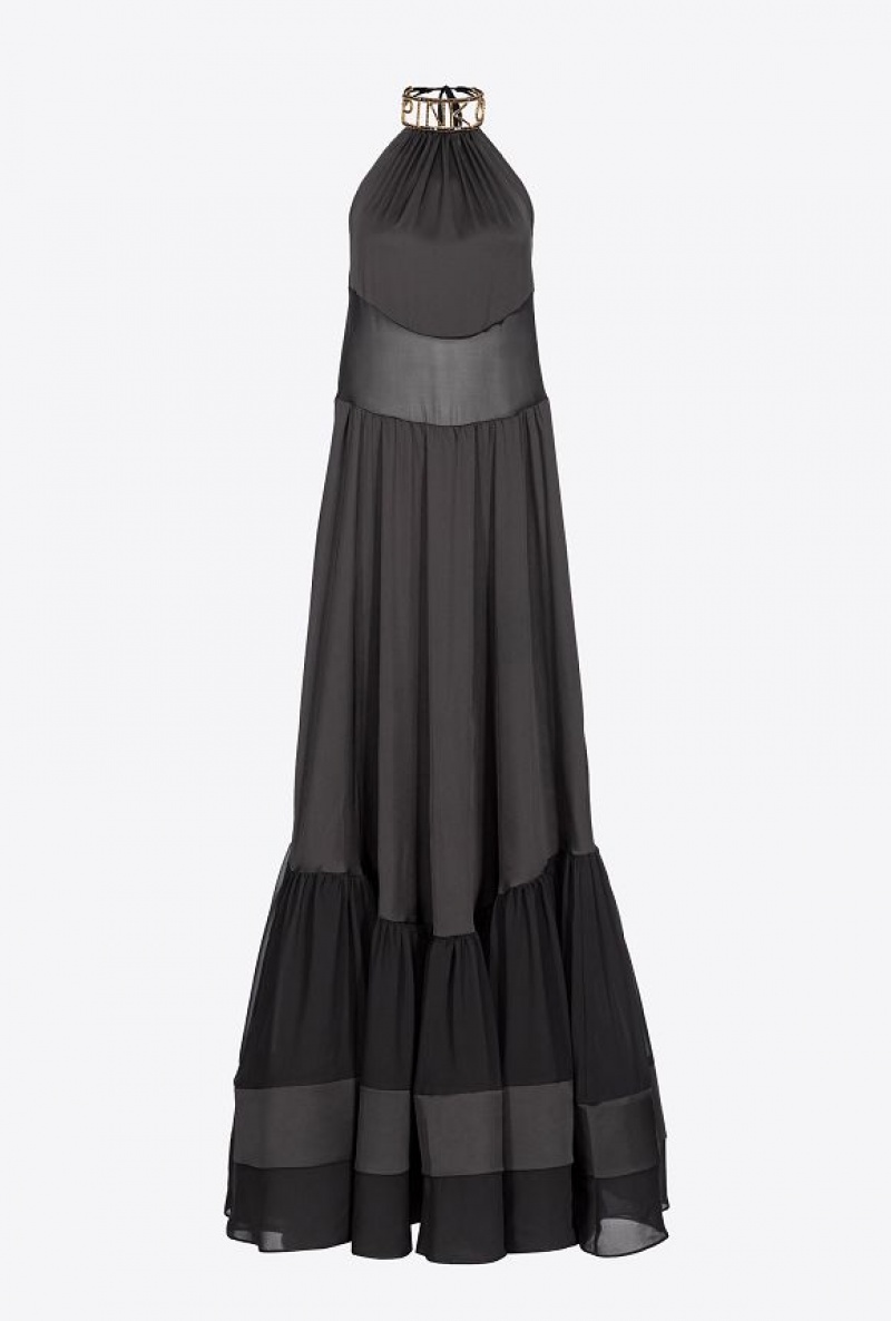 Pinko Long Satin Šaty With Rhinestone Logo Černé | SN-PKO33047