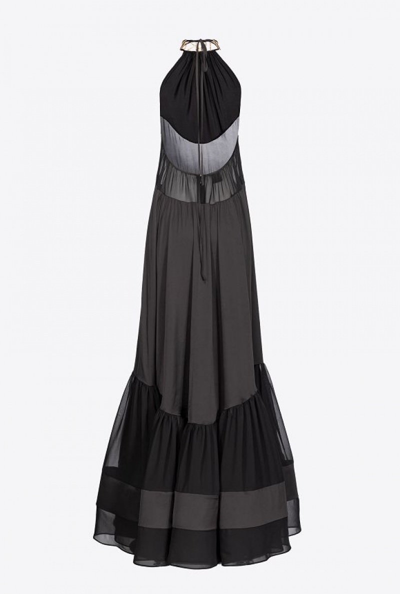 Pinko Long Satin Šaty With Rhinestone Logo Černé | SN-PKO33047
