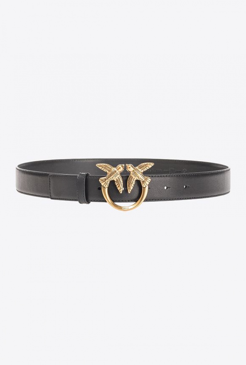 Pinko Love Birds Læder Belt 3cm Černé Zlaté | SN-PKO34256