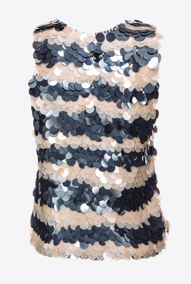 Pinko Mesh Top With Sequin Stripes Černé | SN-PKO33229