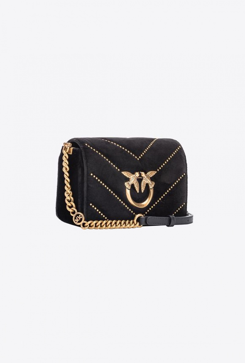 Pinko Mini Love Bag Click In Velvet With Studs Černé Zlaté | SN-PKO32545