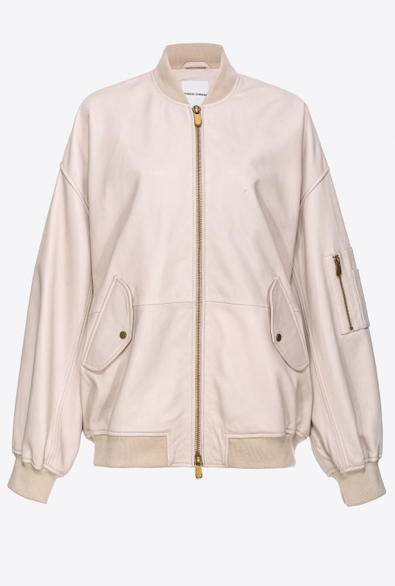 Pinko Nappa Læder Bomber Jacket Béžový Béžový | SN-PKO33573