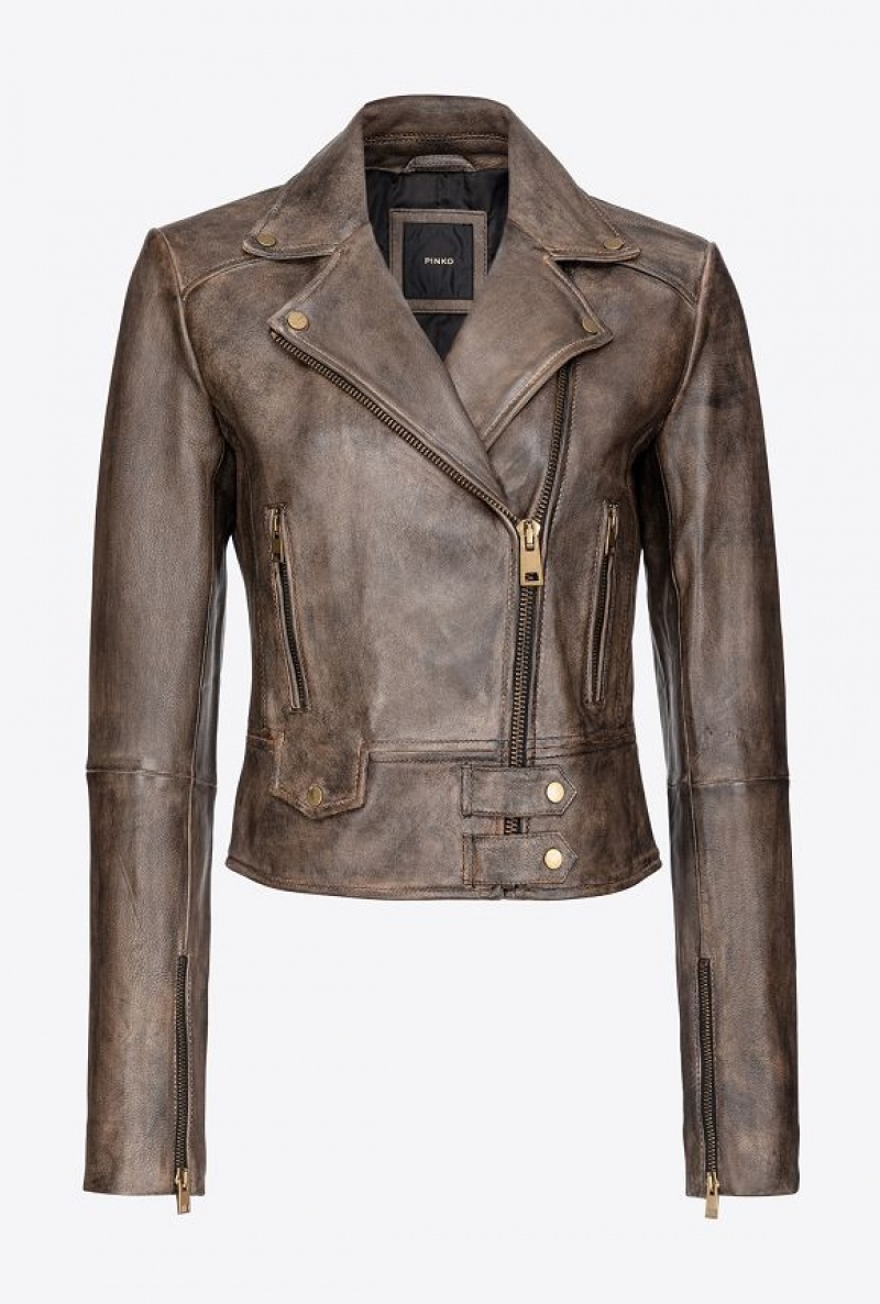 Pinko Nappa Læder Cyklistické Jacket Hnědé | SN-PKO33603