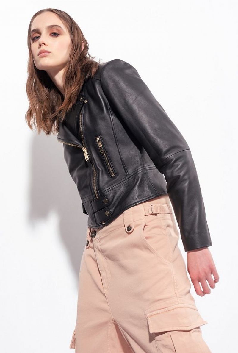 Pinko Nappa Læder Cyklistické Jacket Černé | SN-PKO33602