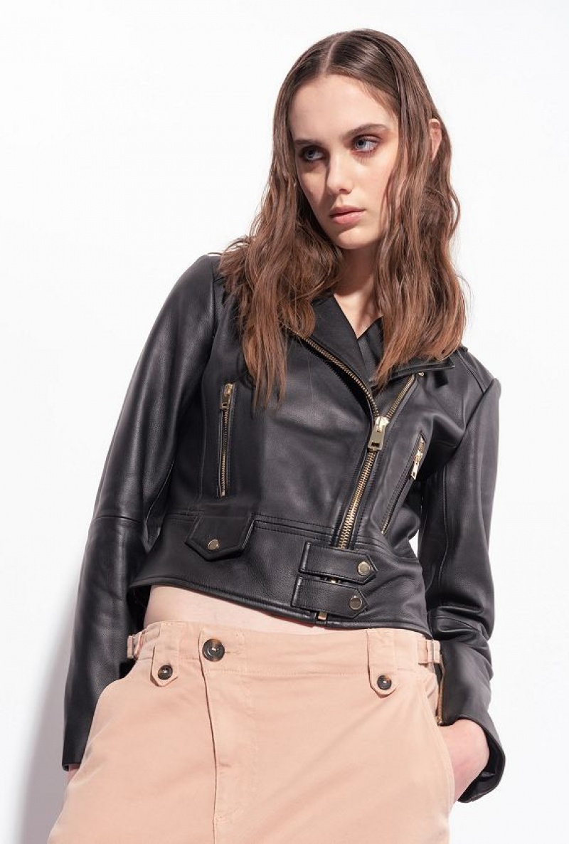 Pinko Nappa Læder Cyklistické Jacket Černé | SN-PKO33602