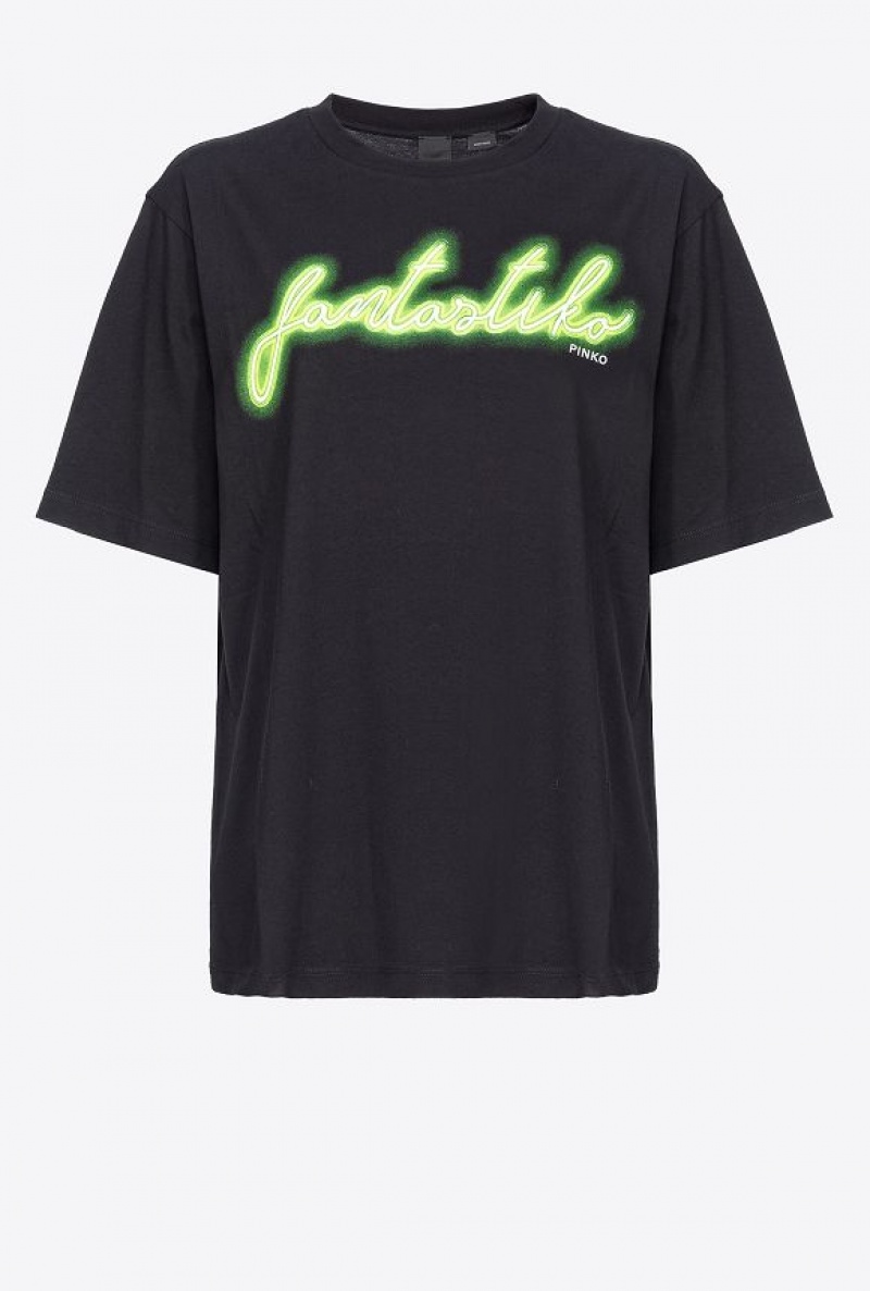 Pinko Oversized T-shirt With Fantastiko Print Černé Zelene | SN-PKO33358