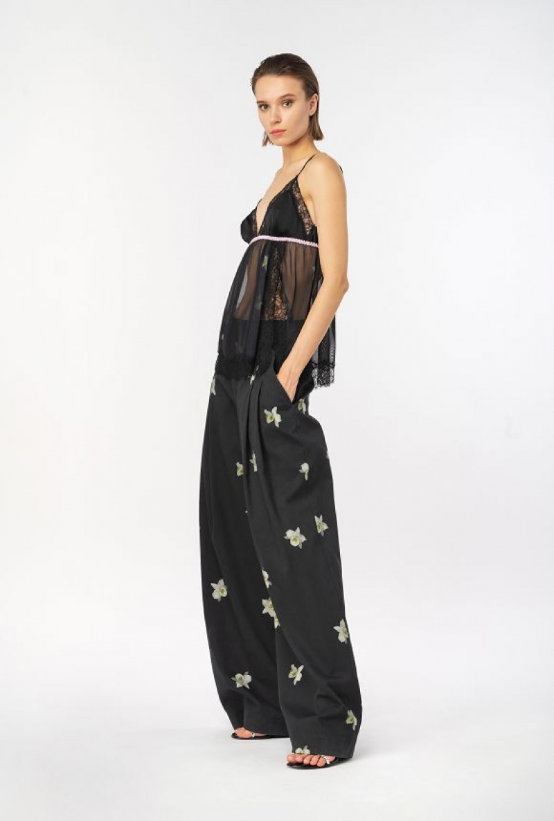 Pinko Reimagine Orchid-print Široké-leg Trousers By Patrick Mcdowell Černé Bílé | SN-PKO33729