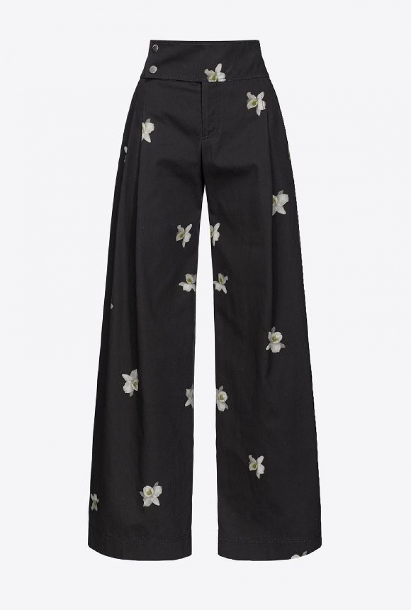 Pinko Reimagine Orchid-print Široké-leg Trousers By Patrick Mcdowell Černé Bílé | SN-PKO33729