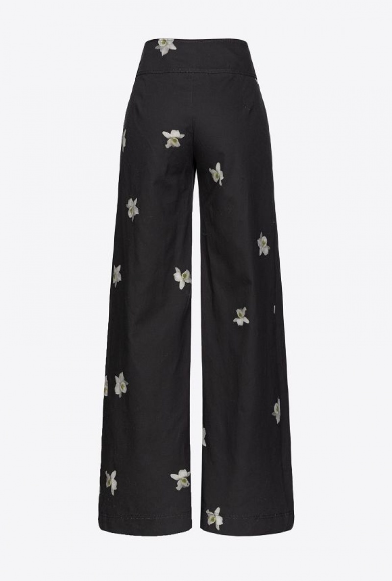 Pinko Reimagine Orchid-print Široké-leg Trousers By Patrick Mcdowell Černé Bílé | SN-PKO33729