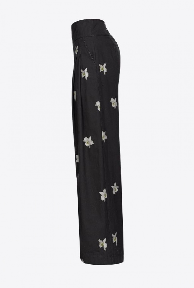 Pinko Reimagine Orchid-print Široké-leg Trousers By Patrick Mcdowell Černé Bílé | SN-PKO33729