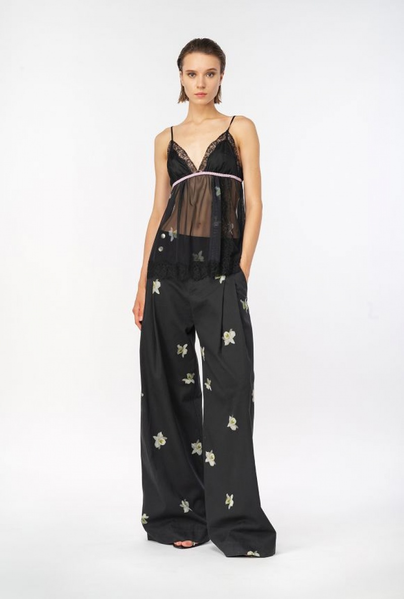 Pinko Reimagine Orchid-print Široké-leg Trousers By Patrick Mcdowell Černé Bílé | SN-PKO33729