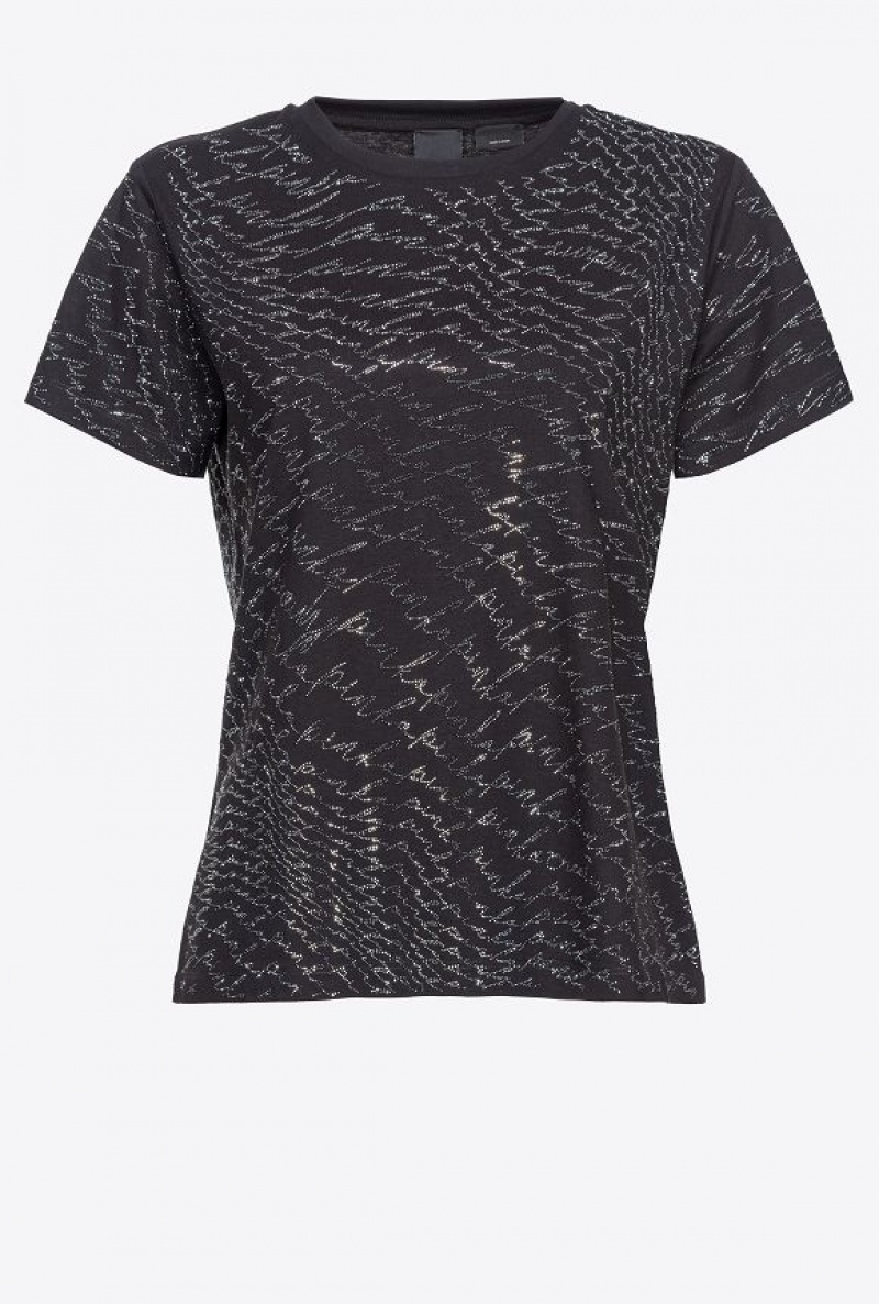Pinko Rhinestoned T-shirt With Fluid Logo Černé | SN-PKO33369
