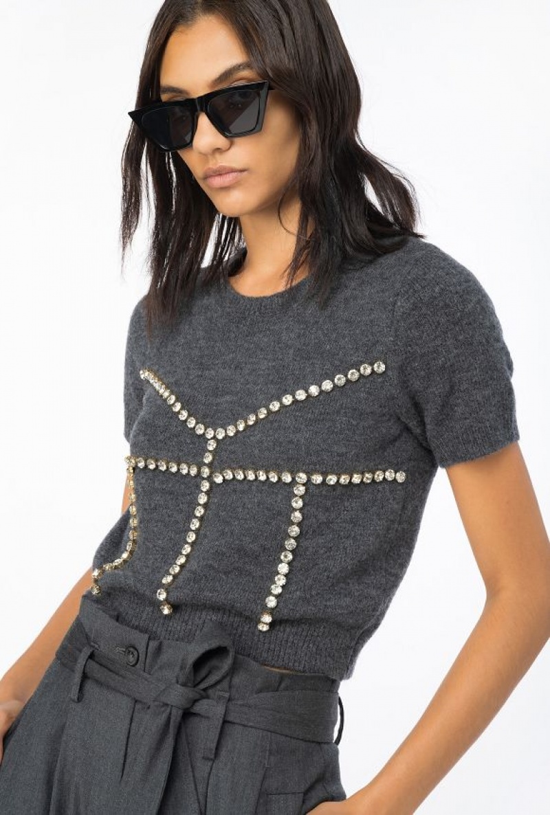 Pinko Rhinestoned Vlna Svetrové Tmavě Šedé | SN-PKO33561