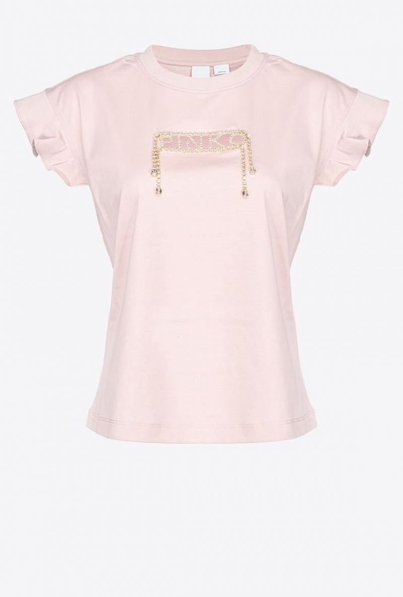 Pinko Rhinestone-logo T-shirt With Flounced Sleeves Béžový | SN-PKO33253