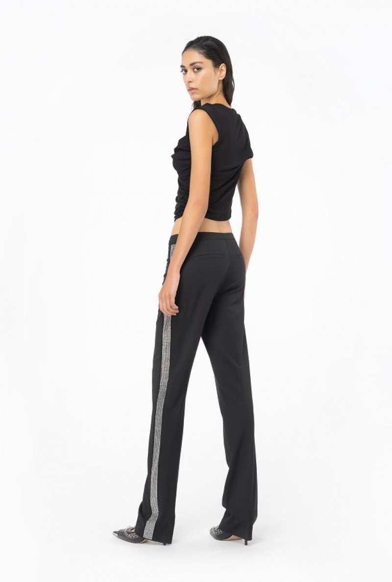Pinko Trousers With Rhinestone Band Černé | SN-PKO33684