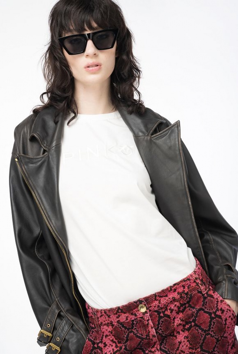 Pinko T-shirt With Jewel Necklace Bílé Černé | SN-PKO33284