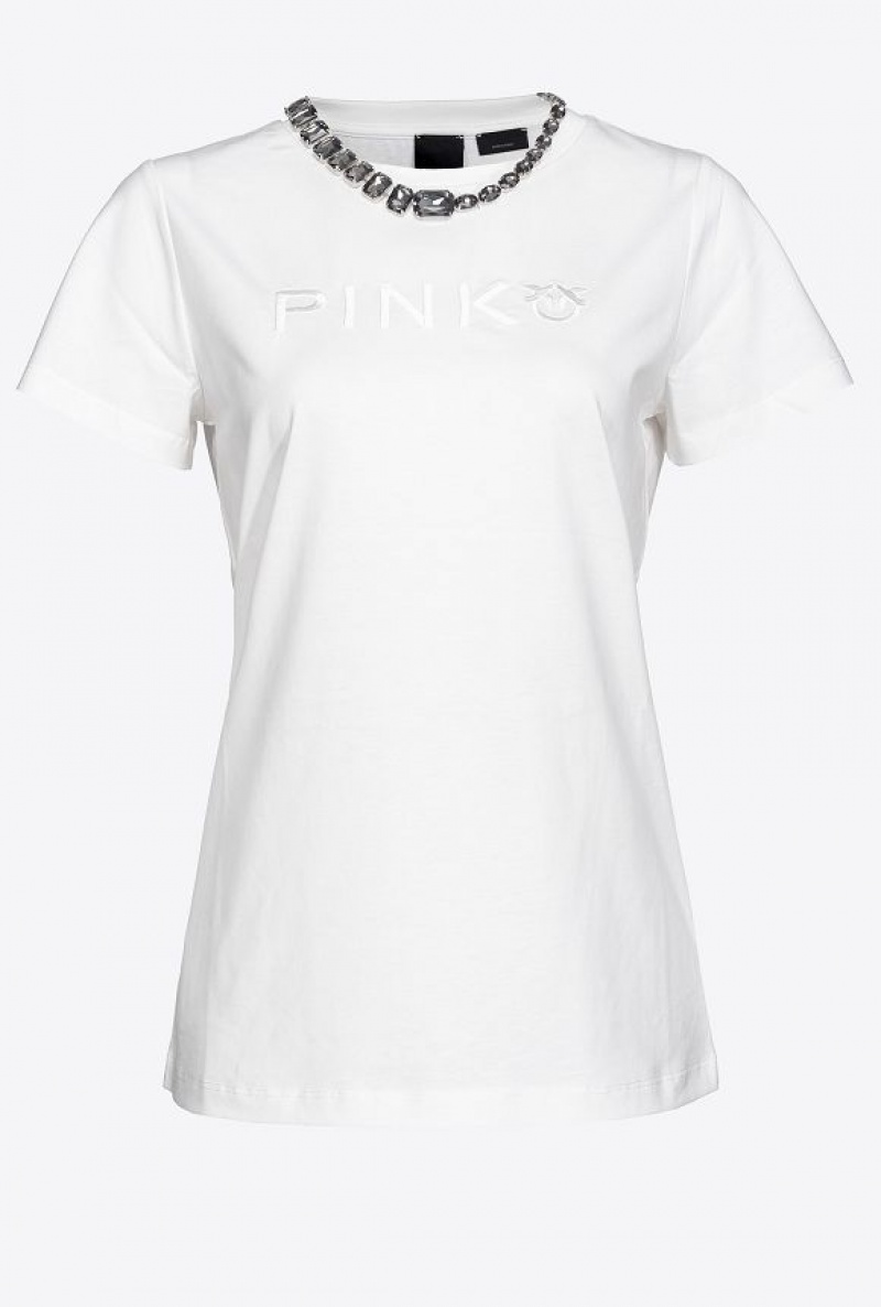 Pinko T-shirt With Jewel Necklace Bílé Černé | SN-PKO33284