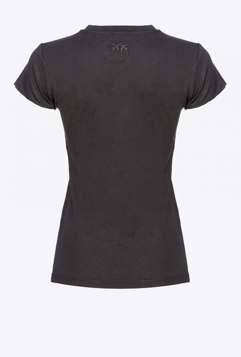 Pinko T-shirt With Love Birds Embroidery Černé | SN-PKO33349