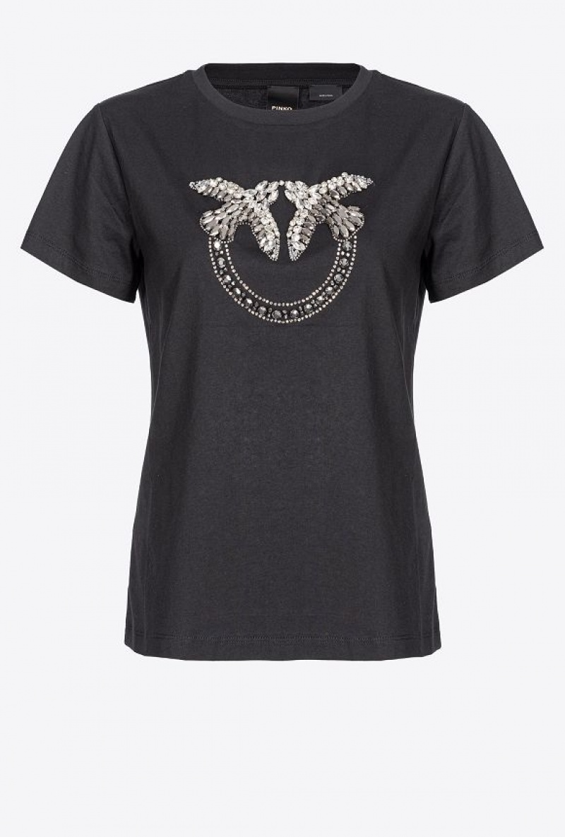 Pinko T-shirt With Love Birds Embroidery Černé | SN-PKO33262