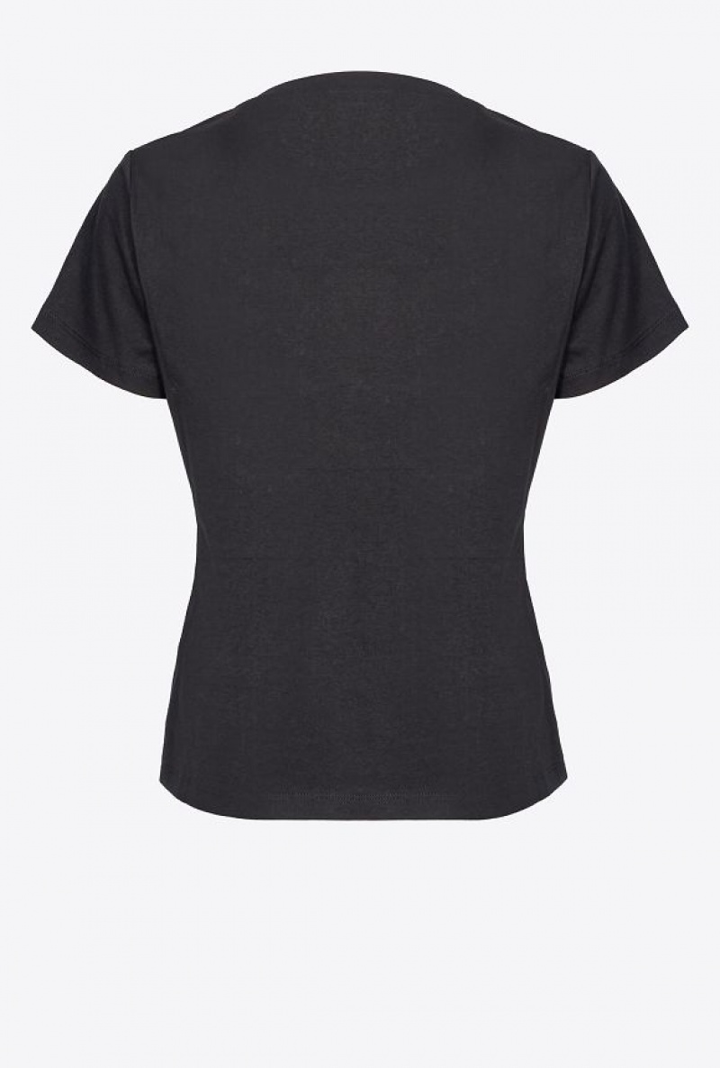 Pinko T-shirt With Love Birds Embroidery Černé | SN-PKO33262
