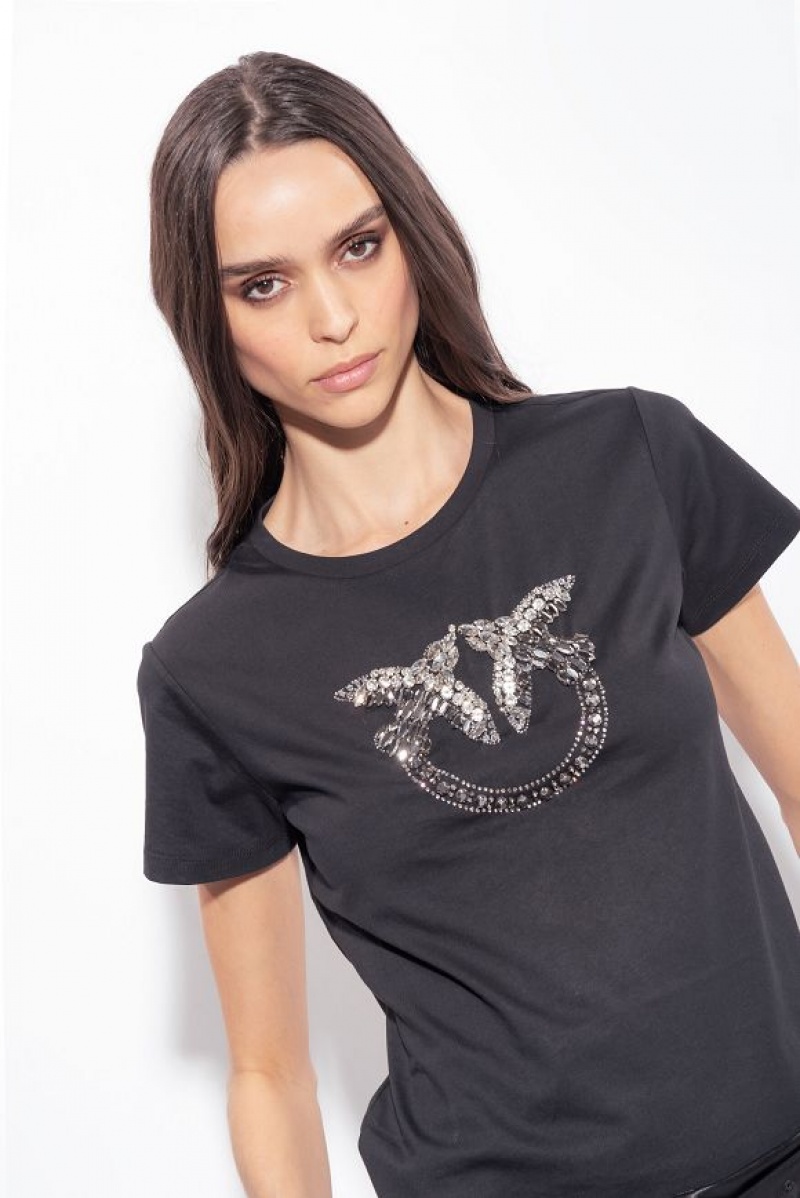 Pinko T-shirt With Love Birds Embroidery Černé | SN-PKO33262