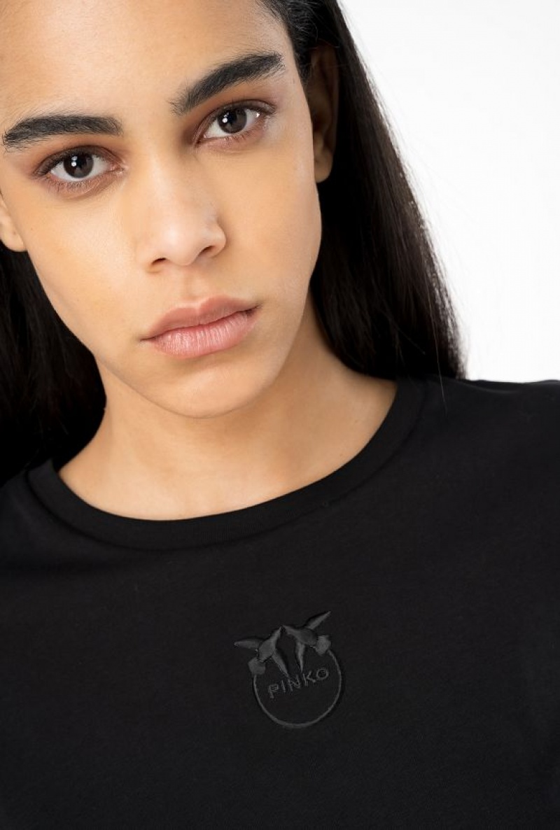 Pinko T-shirt With Love Birds Embroidery Černé | SN-PKO33271