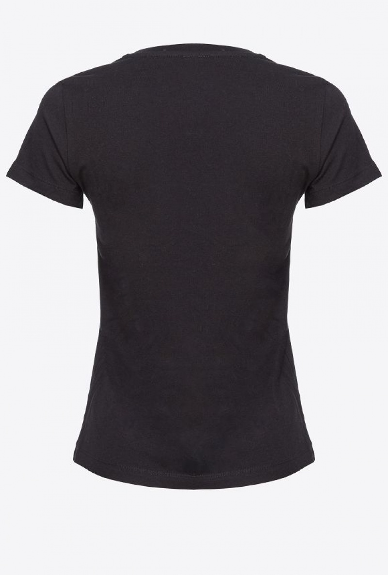Pinko T-shirt With Love Birds Embroidery Černé | SN-PKO33271