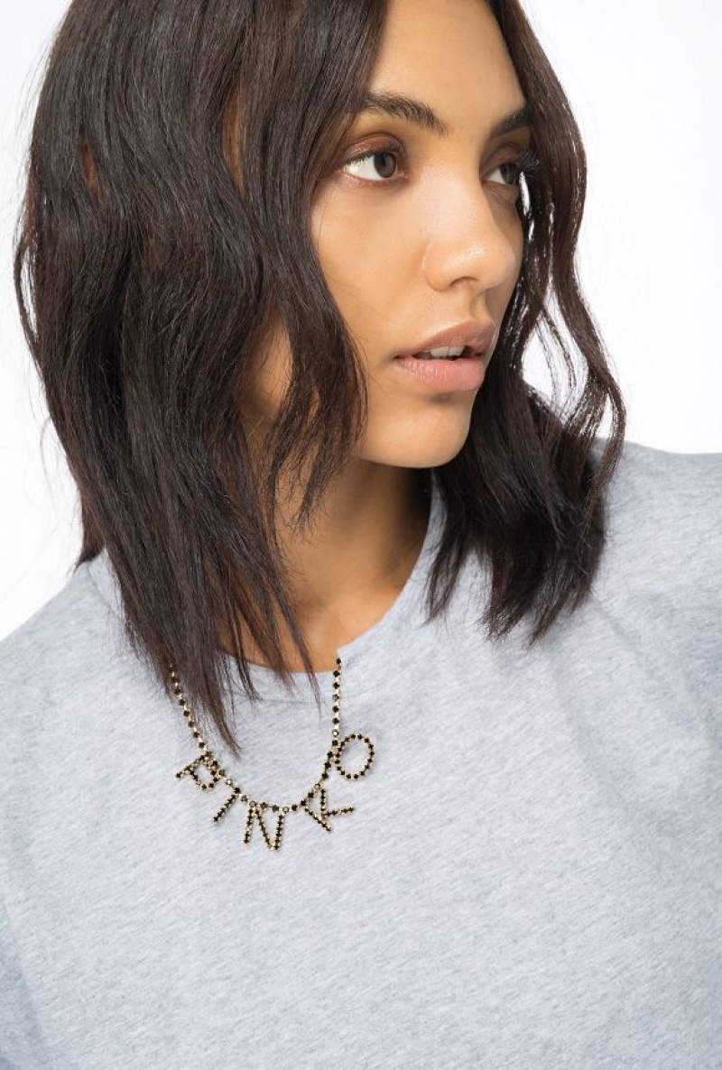 Pinko T-shirt With Rhinestone Necklace Tmavě Šedé | SN-PKO33352