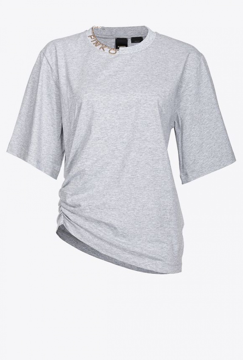 Pinko T-shirt With Rhinestone Necklace Tmavě Šedé | SN-PKO33352