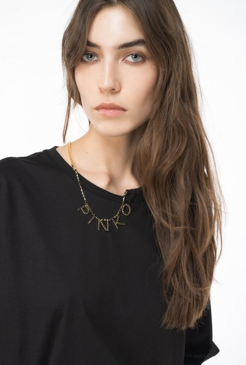 Pinko T-shirt With Rhinestone Necklace Černé | SN-PKO33353